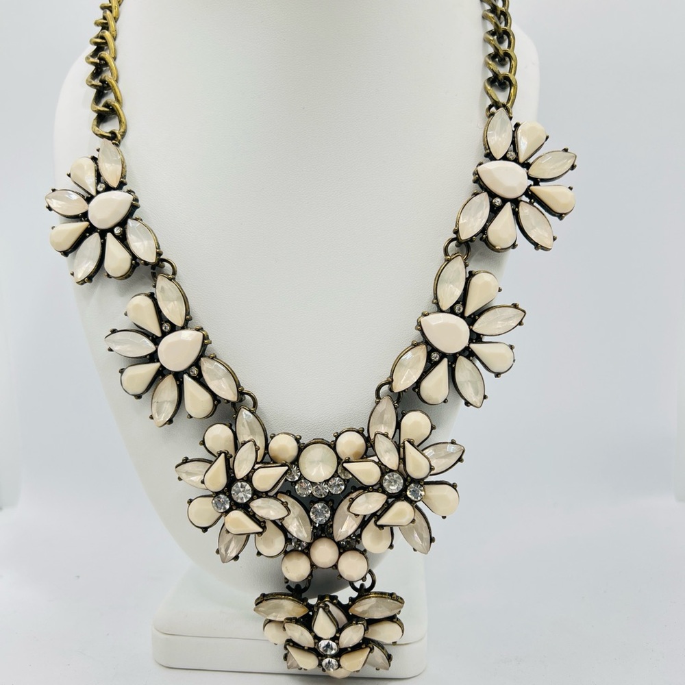 White Floral Statement Necklace GoldTone Resin Flower & Crystal Bib Maximalist